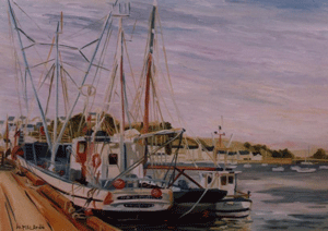 tableau de Jo Malard : Le Vocation (bateau amarr dans le port d'Audierne)